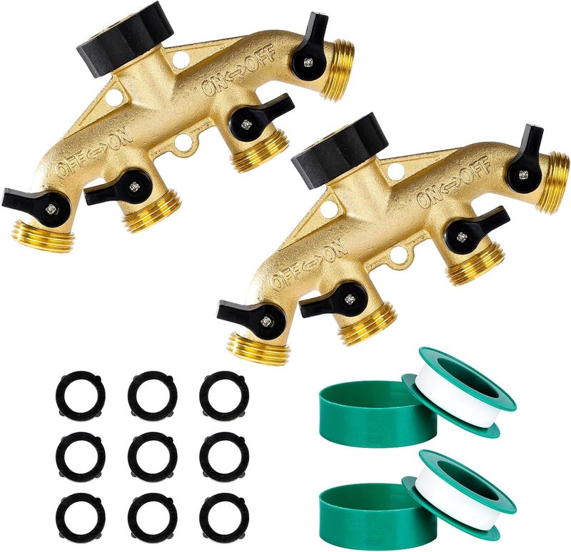 Dalmbox Garden Hose Splitter 4 Way, Water Hose Splitter, 3/4" Heavy-Duty Brass Garden Hose Splitter, Includes 9 Rubber Washers & Teflon Tape(2 pack) - Image 1